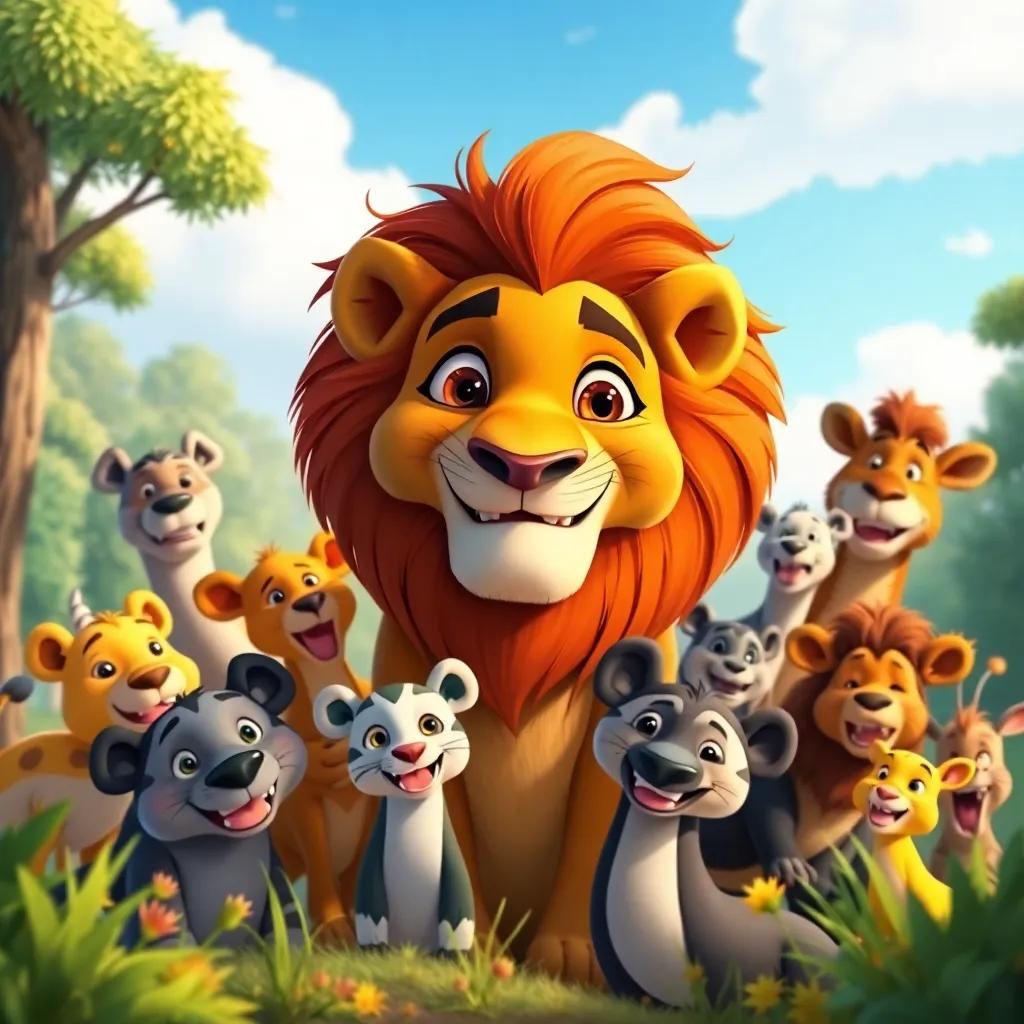 Raouf the lion surrounded by all the happy animals in the forest, smiling under a clear blue sky, showcasing friendship and togetherness, heartwarming, colorful, epic composition