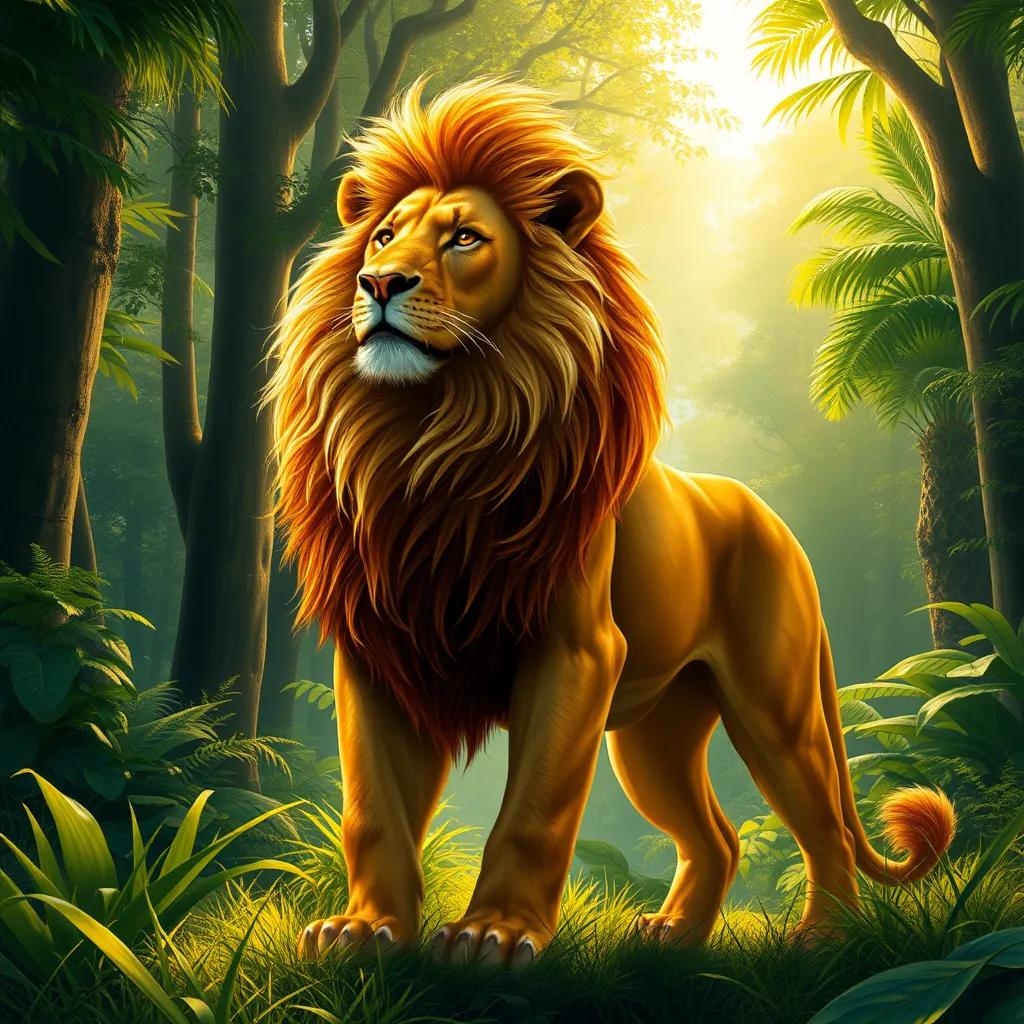 A brave lion, with golden fur, standing proudly in a lush green jungle, sunlight shining through tall trees, digital art, vibrant colors, heroic atmosphere, high quality
