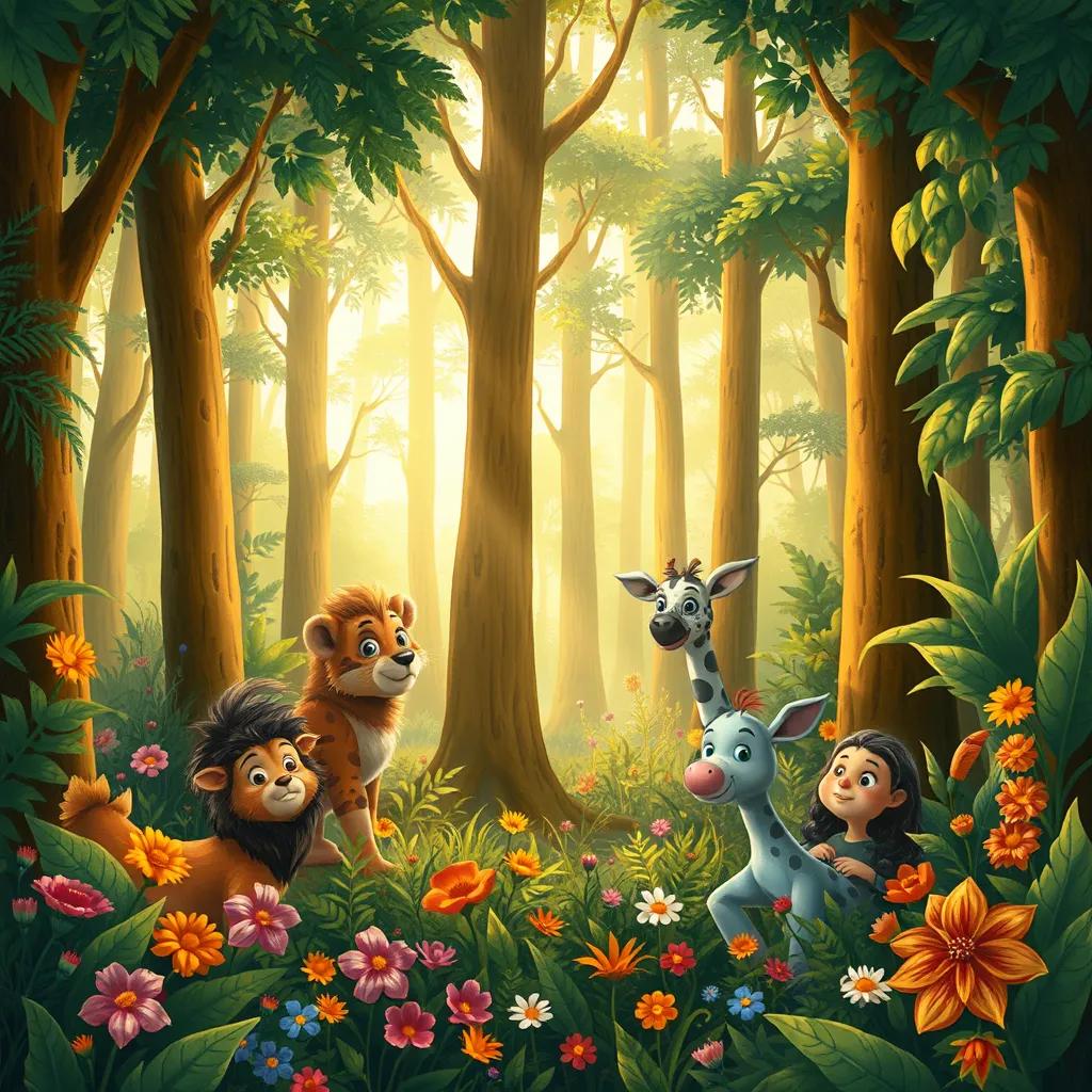 The jungle filled with tall trees and colorful flowers, animals gazing with concern, sunlight filtering down, illustration, warm and inviting, child-friendly