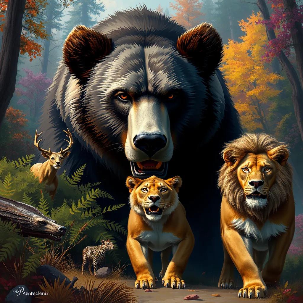 A large bear looking fierce, animals hiding behind bushes, the brave lion approaching with confidence, colorful forest backdrop, detailed digital art, dynamic scene
