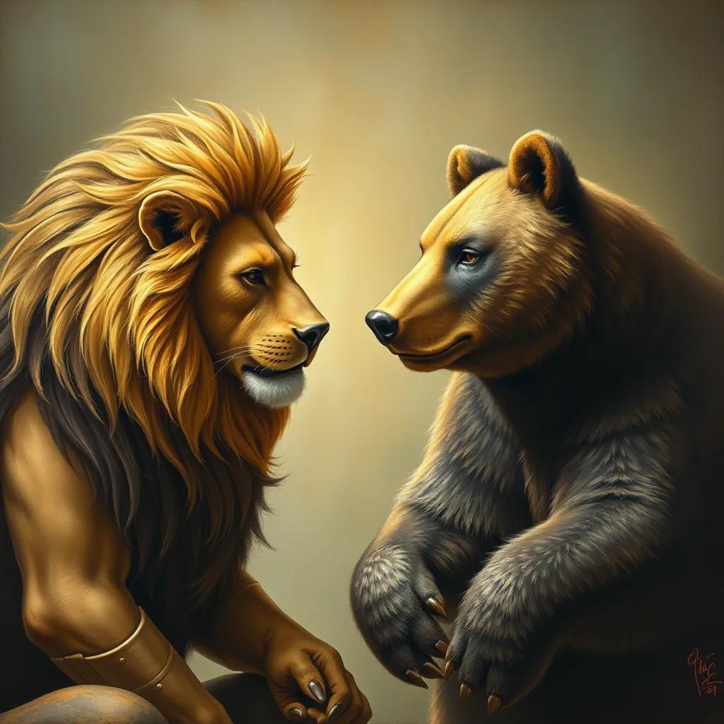 The brave lion talking to the bear, both looking calm and understanding, soft lighting highlighting their expressions, heartwarming scene, high quality