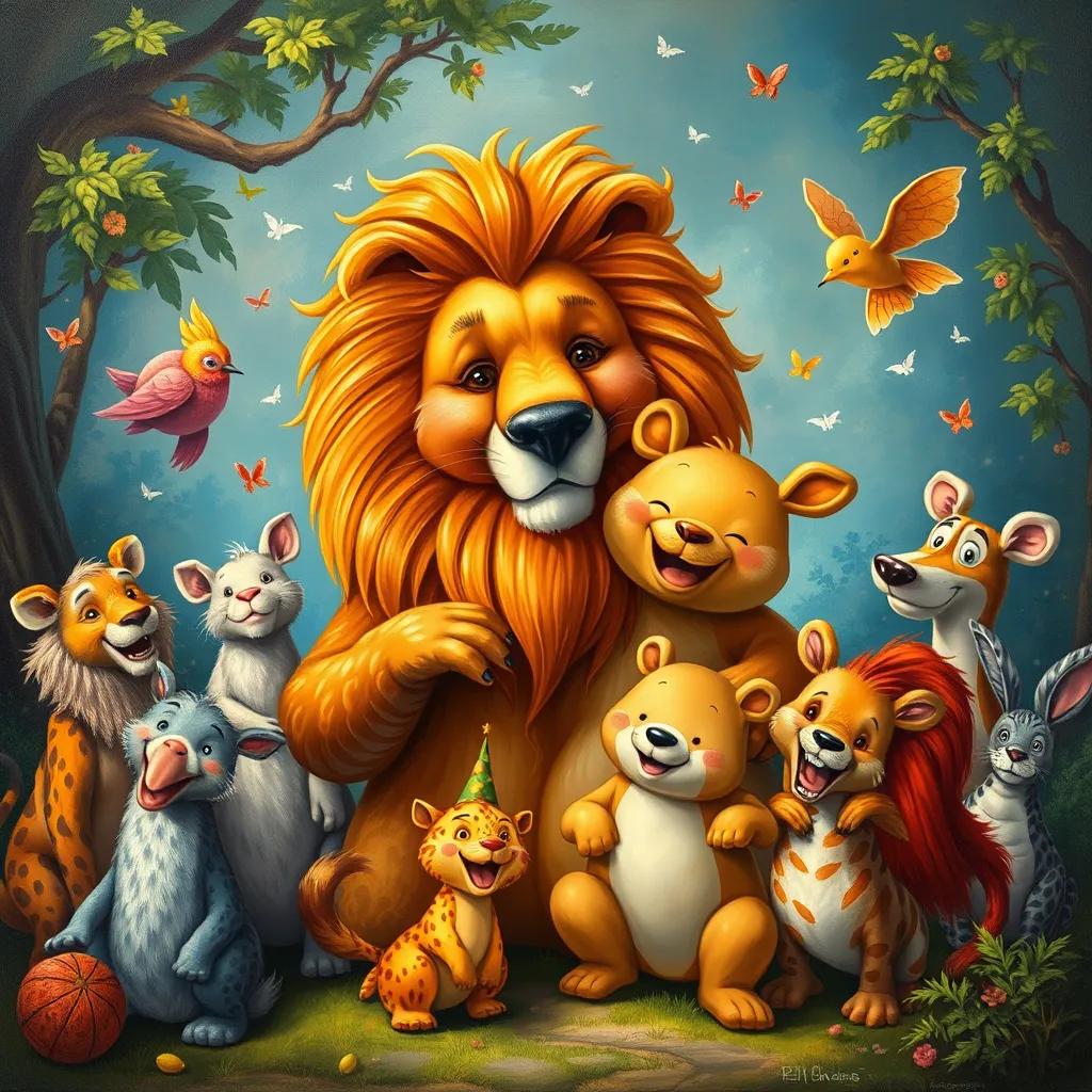 The lion and bear surrounded by joyful animals celebrating their friendship, bright colors, cheerful atmosphere, storytelling view, fantasy theme