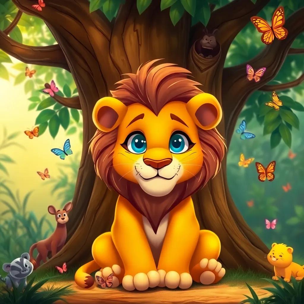 A kind and shiny lion with bright eyes, sitting under a big tree in the jungle, friendly animals around him, colorful butterflies flying, digital art, vibrant colors, warm atmosphere, high quality