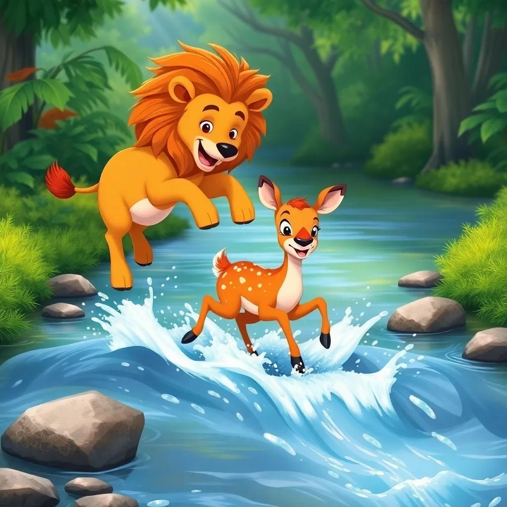 A small deer crossing a rushing water stream, with a kind lion jumping in to help the deer, lush greenery in the background, playful scene, illustration, bright colors, cheerful mood, high quality