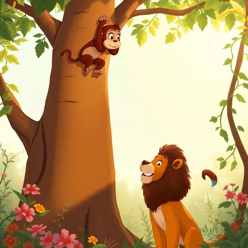 A monkey stuck in a tree, looking scared, while a kind lion stands below offering help, surrounded by flowers and vines, detailed illustration, warm light, friendly atmosphere, high quality