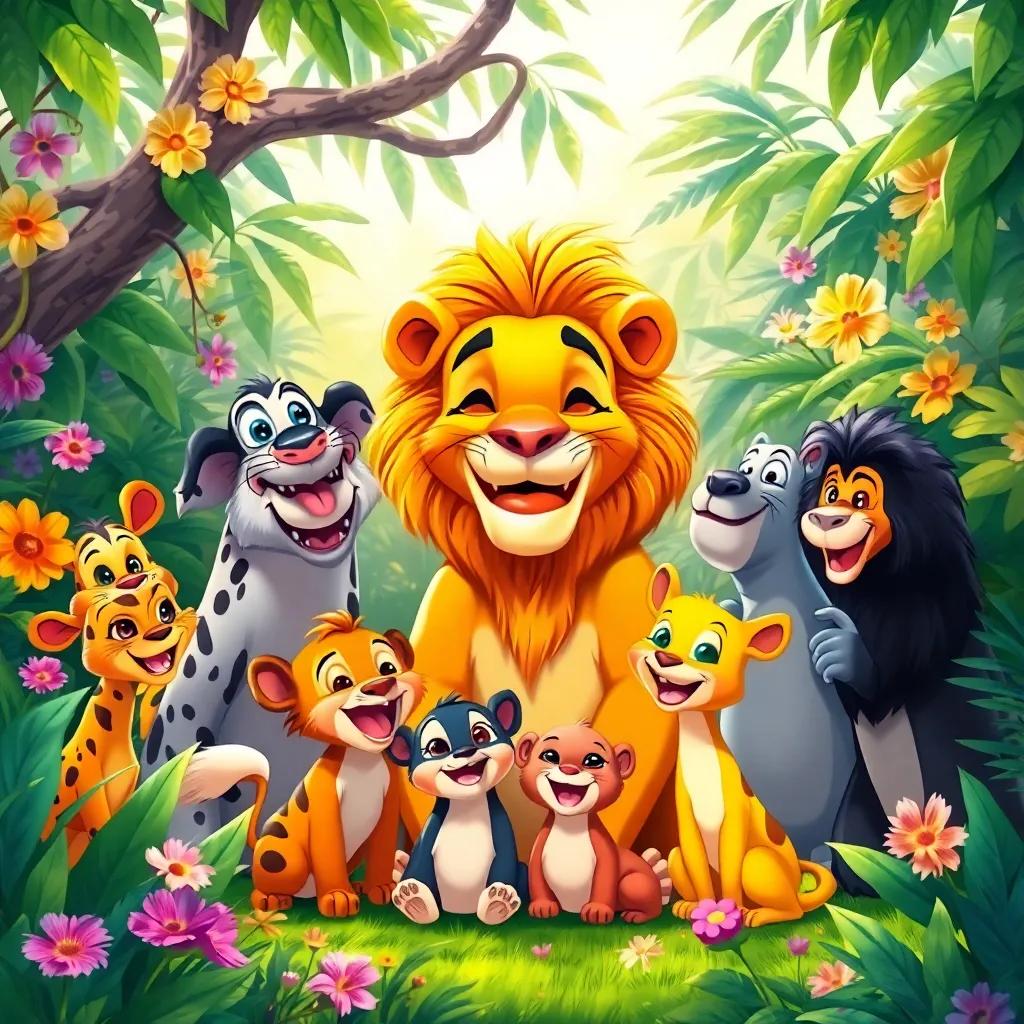 A joyful scene showing animals in the jungle gathered around the kind lion, smiling and happy, with colorful flowers and greenery, cheerful vibes, digital painting, vivid colors, uplifting atmosphere, high quality
