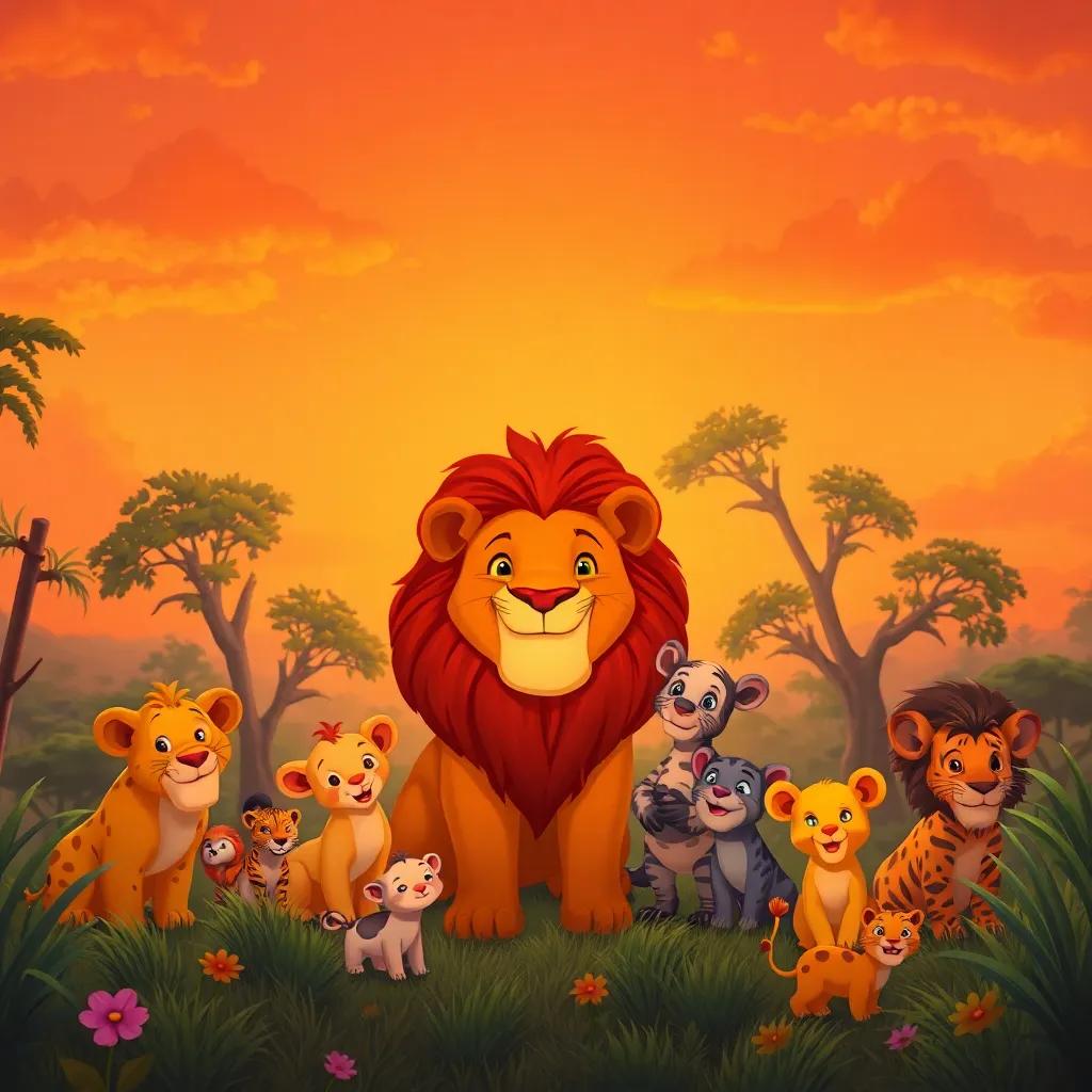 A warm sunset view with the kind lion and all the jungle animals together, enjoying their friendship under a beautiful orange sky, heartwarming, soft colors, magical atmosphere, high quality