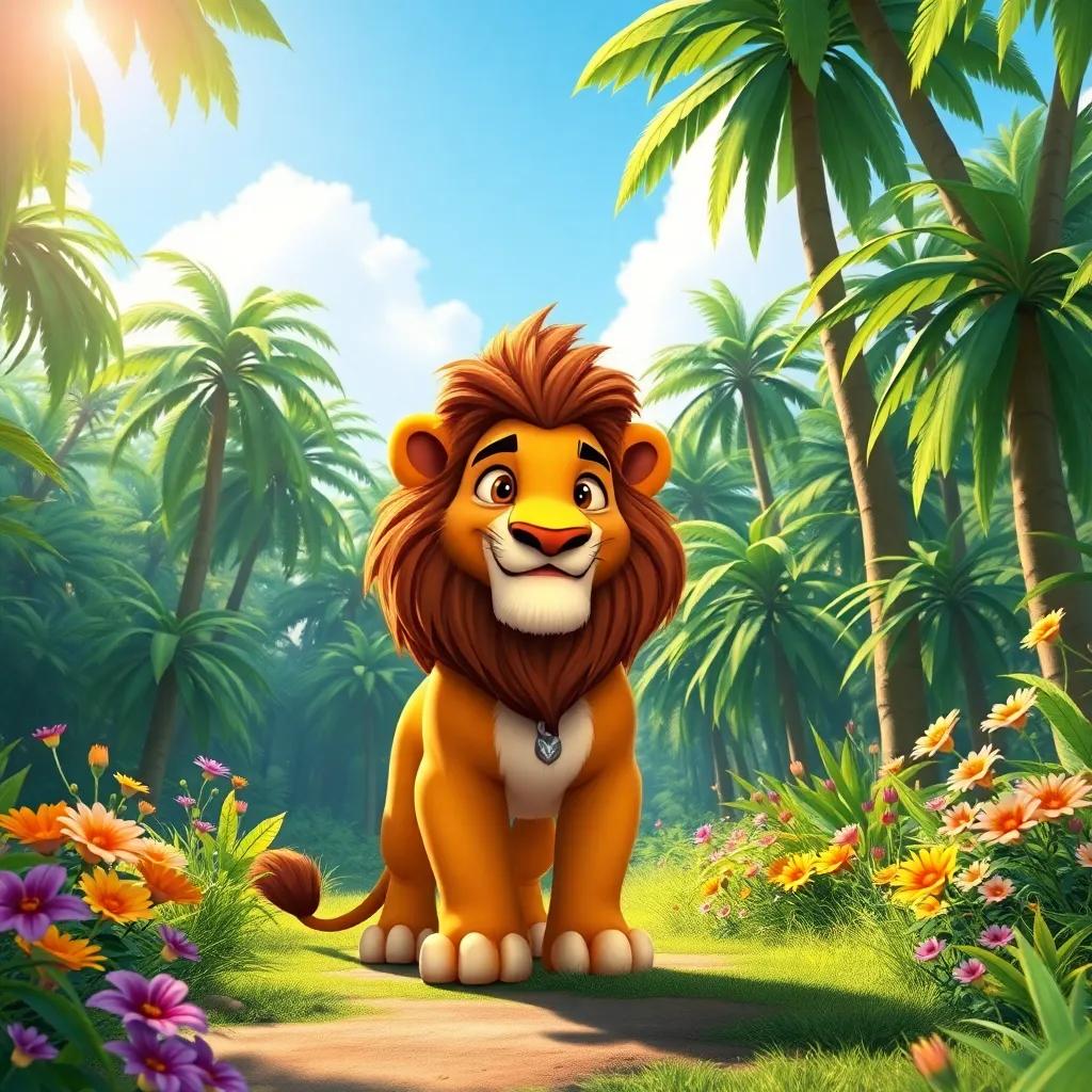 A brave lion named Leo, standing proudly in a vibrant jungle filled with tall trees and colorful flowers, bright sunny day, digital art, vibrant colors, adventurous atmosphere, high quality
