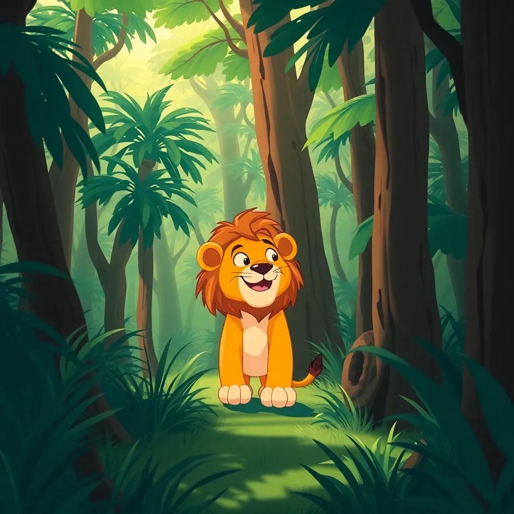 Leo the lion, exploring the dense part of the jungle with excitement, tall thick trees and long shadows, illustration, cheerful, lively colors, engaging perspective, high quality
