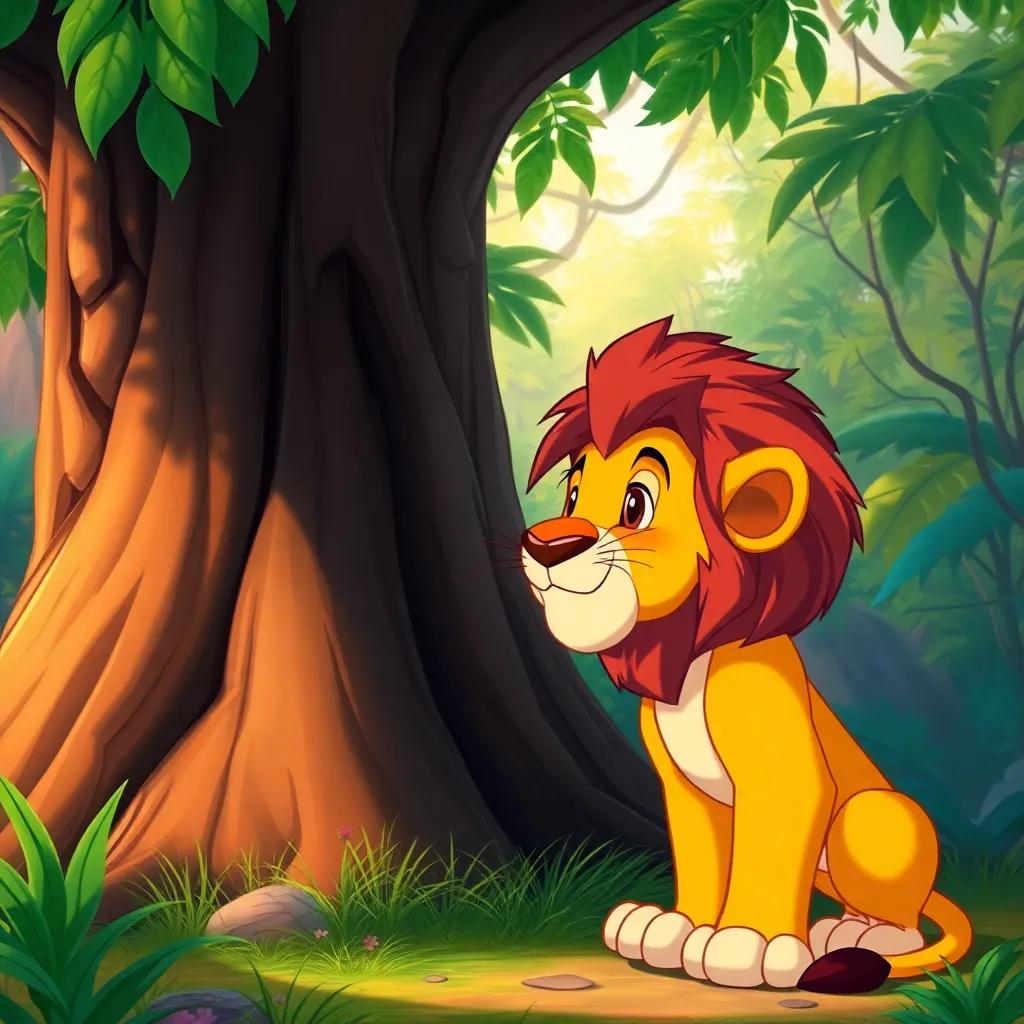 Leo the lion, approaching a big tree, hearing a strange sound, curious expression, colorful jungle background, detailed illustration, bright colors, vivid imagery, high quality