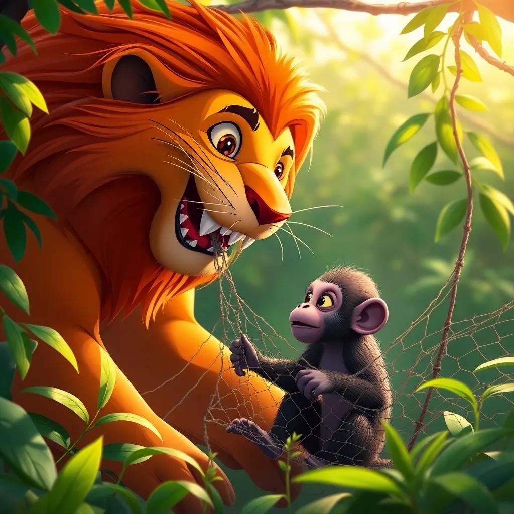 Leo helping a small monkey trapped in a net, using his sharp teeth to tear the net, the monkey looking grateful, surrounded by lush greenery, digital painting, warm light, uplifting scene, high quality