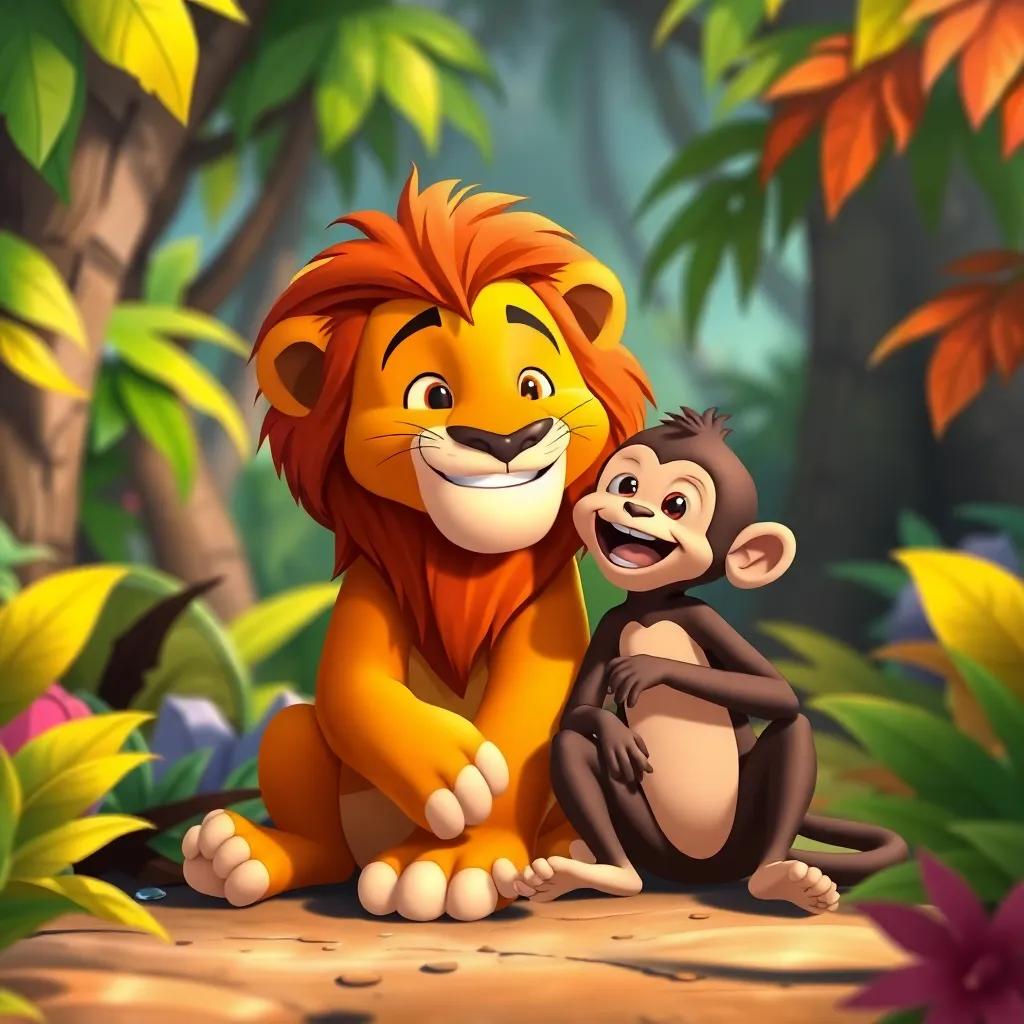 Leo the lion and the little monkey, sitting together happily, surrounded by jungle foliage, enjoying their friendship, colorful scenery, heartwarming, bright colors, joyful atmosphere, high quality