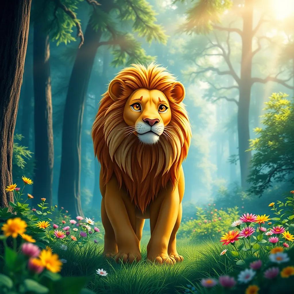 A beautiful lion named Leon with golden fur and sparkling eyes, standing proudly in a lush green forest with tall trees and colorful flowers, digital art, vibrant colors, sunny atmosphere, high quality