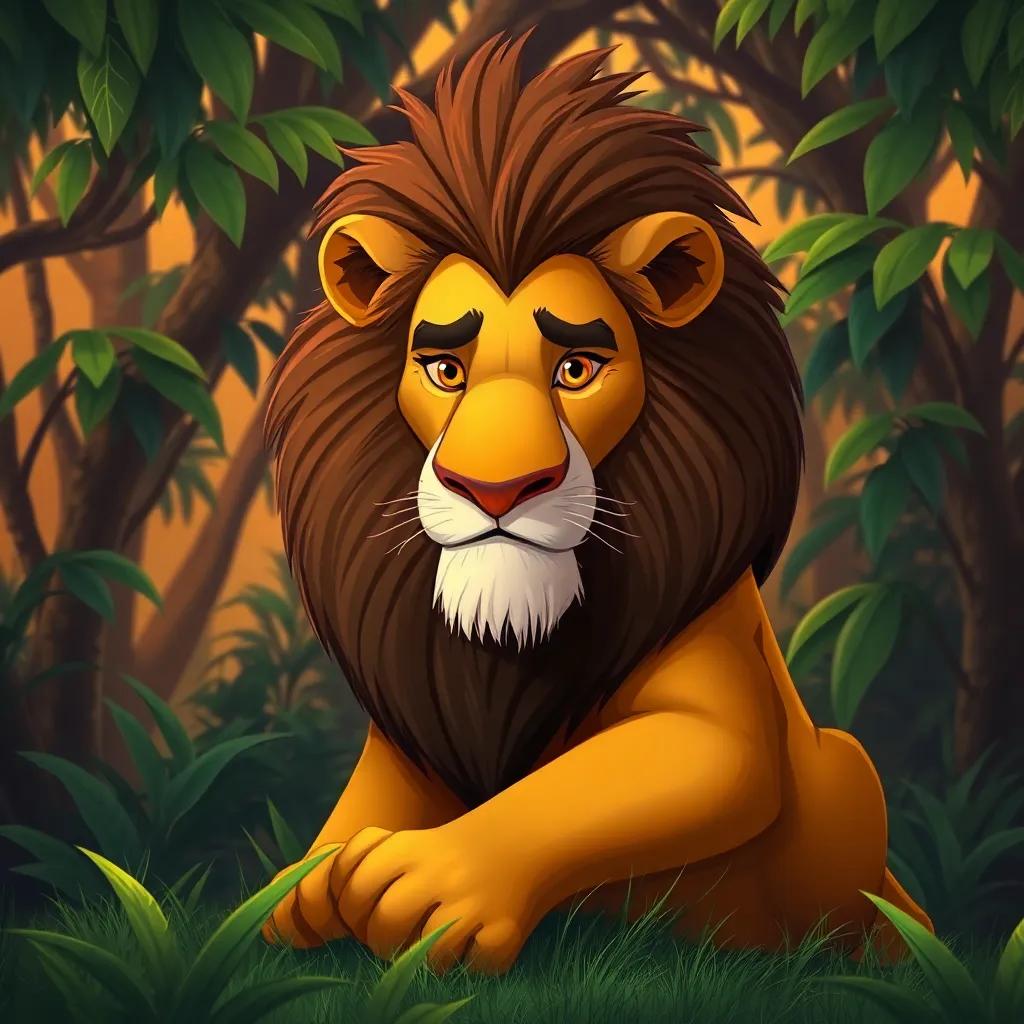 A strong lion with a majestic mane, sitting in a lush green jungle, looking thoughtful and a bit lonely, digital art, warm colors, serene atmosphere, high quality