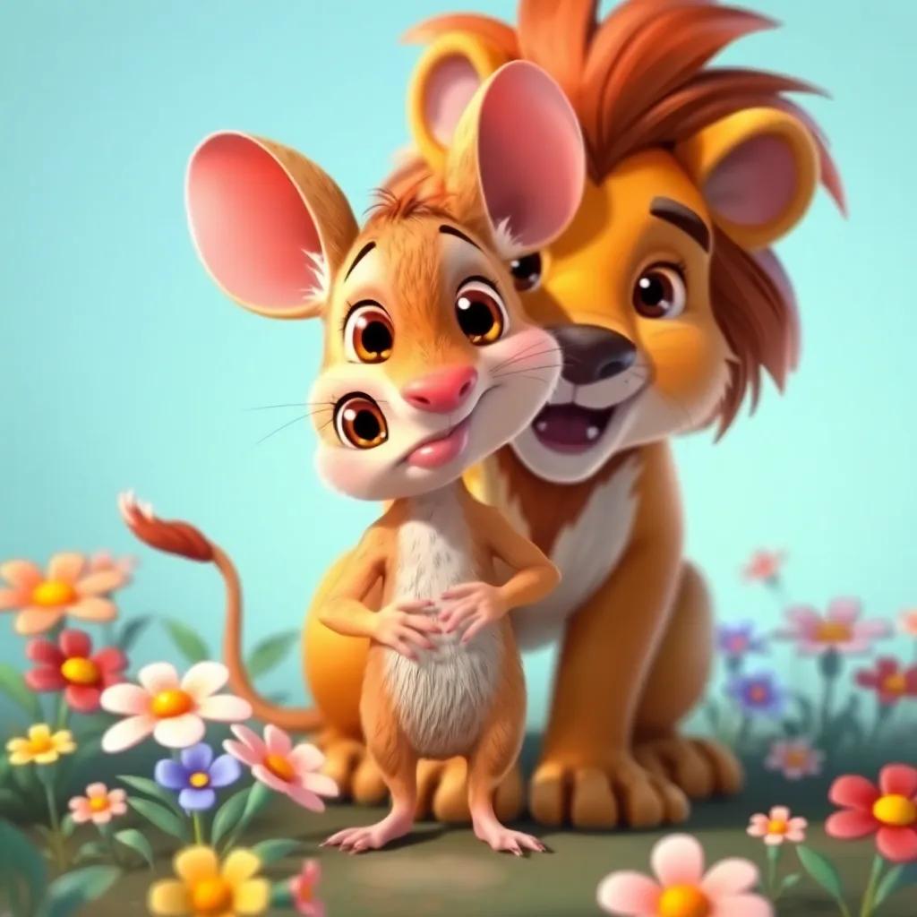 A small brave mouse, with bright eyes and a delicate body, standing confidently next to the lion, colorful flowers around, cheerful, cartoonish art, friendly vibe