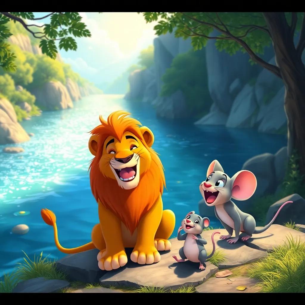 The lion and the mouse playing by a sparkling river, both laughing and enjoying the sun, picturesque background, vibrant colors, joyful scene, detailed illustration