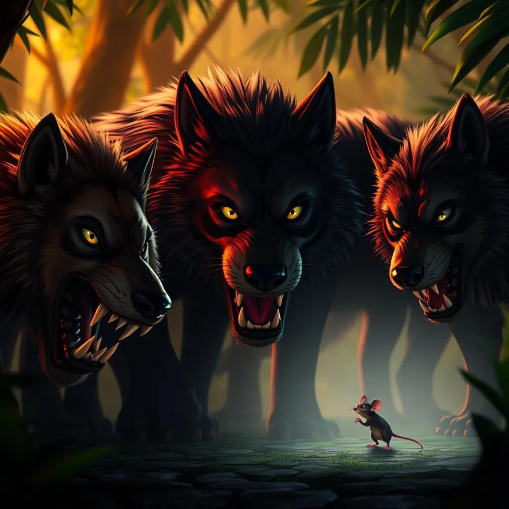 A group of menacing wolves lurking in the shadows of the jungle, with sharp teeth, glaring at the lion and the mouse, sense of danger, dramatic lighting, tense atmosphere