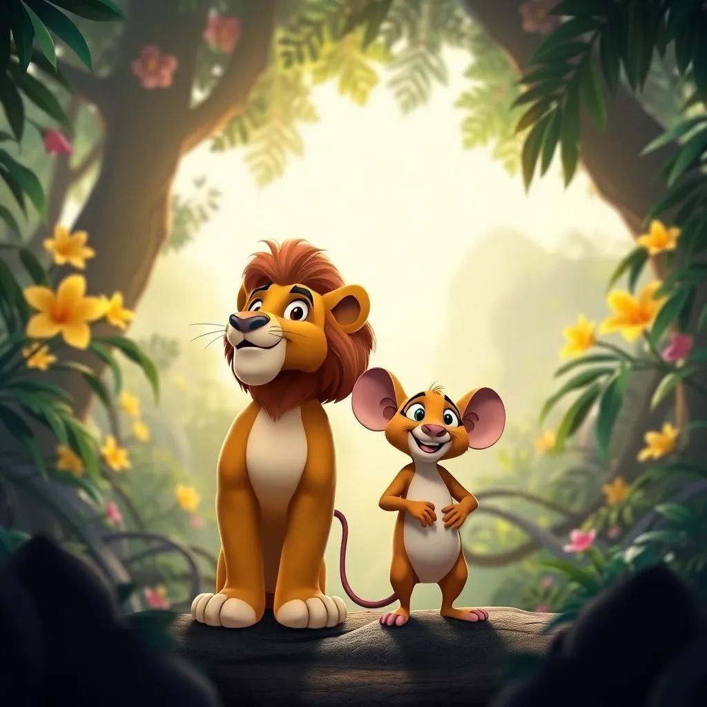 The lion and the mouse standing side by side, looking proud after scaring away the wolves, with the jungle blooming behind them, victorious moment, uplifting colors, inspirational