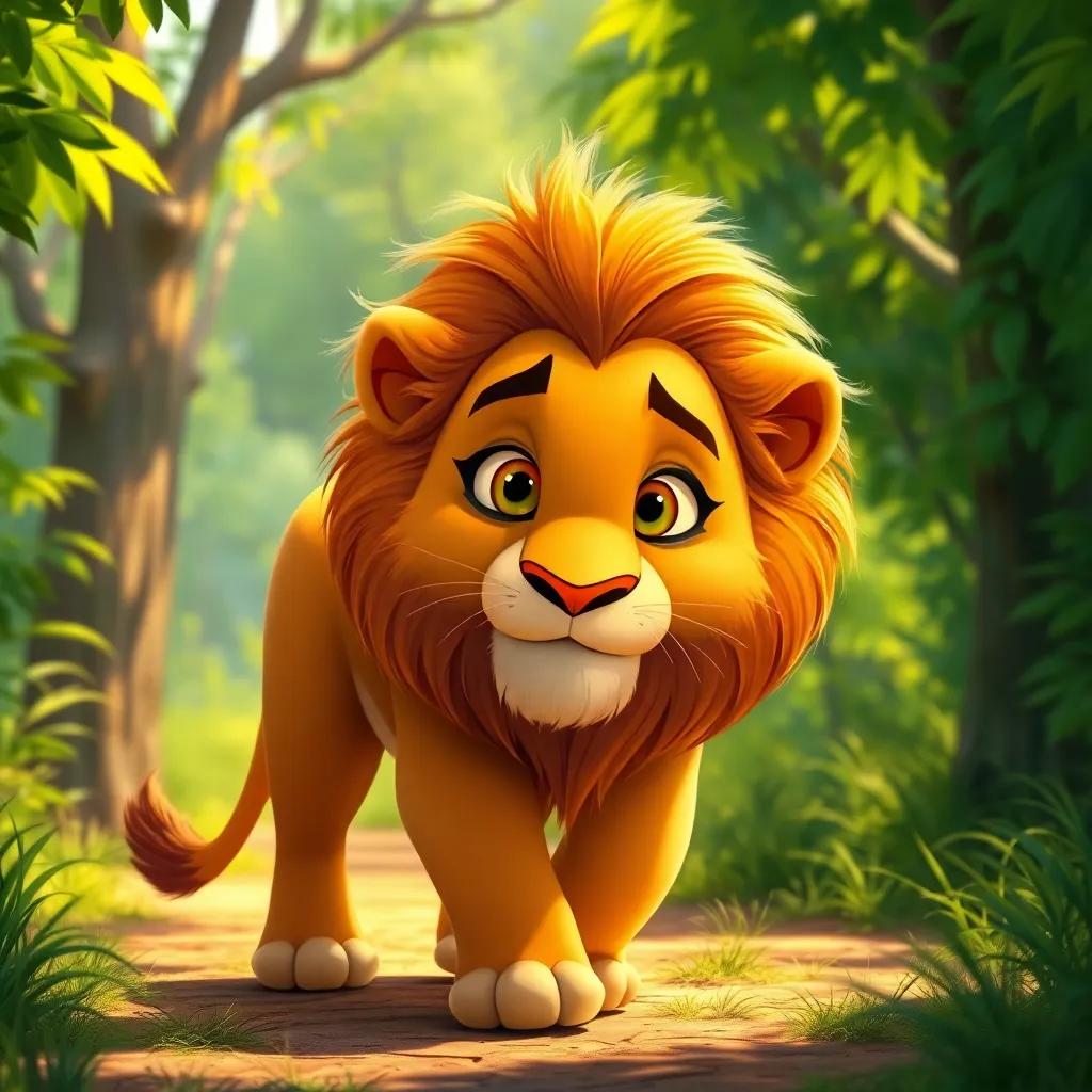A big lion named Asad, with a golden mane and bright eyes, walking in a lush green forest, looking curious and gentle, digital art, vibrant colors, warm sunlight, detailed, friendly atmosphere