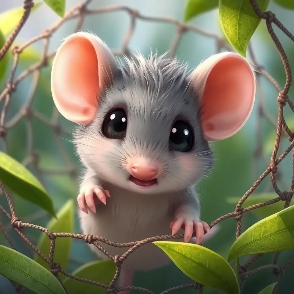 A small mouse named Rami, with soft gray fur and big black eyes, trapped in a net, looking scared yet brave, surrounded by green leaves, illustration, emotional, engaging, vivid colors