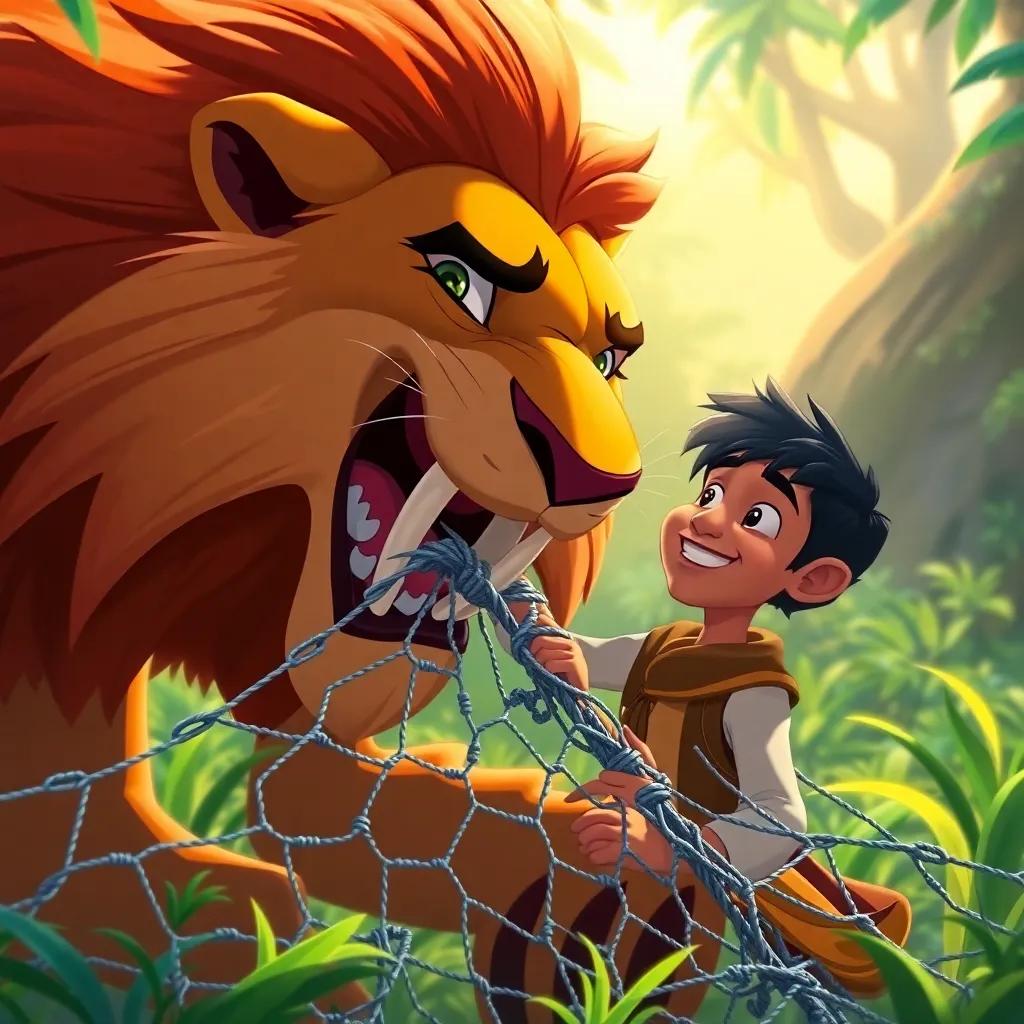 Asad the lion using his powerful teeth to tear the net, showing strength and compassion, with Rami looking relieved and grateful, bright forest background, art, dynamic action, uplifting colors