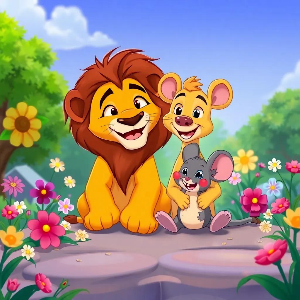 Asad the lion and Rami the mouse sitting together, smiling at each other after a successful rescue, surrounded by flowers and trees, cheerful, happy scene, vibrant illustration, heartwarming