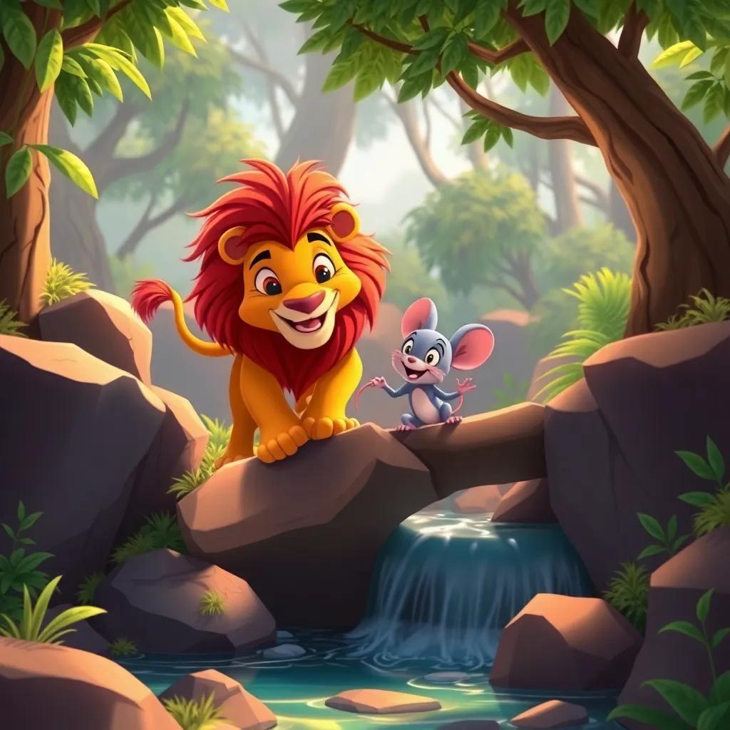 Asad the lion and Rami the mouse exploring the forest, climbing over rocks and crossing a river together, full of adventure and friendship, colorful landscape, joyful atmosphere, imaginative scene.