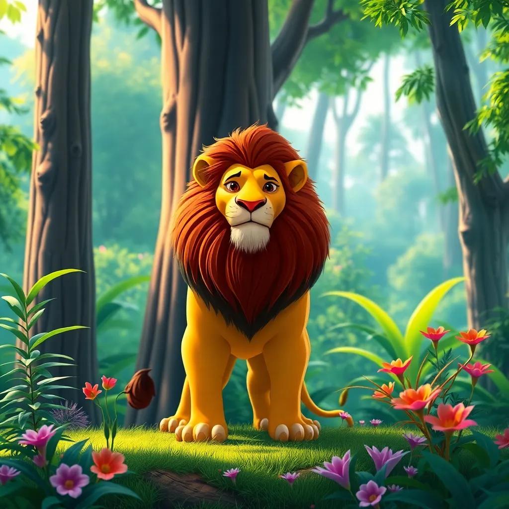 A strong lion standing proudly in a lush green forest, surrounded by tall trees and vibrant plants, digital art, bright colors, cheerful atmosphere, captivating scene
