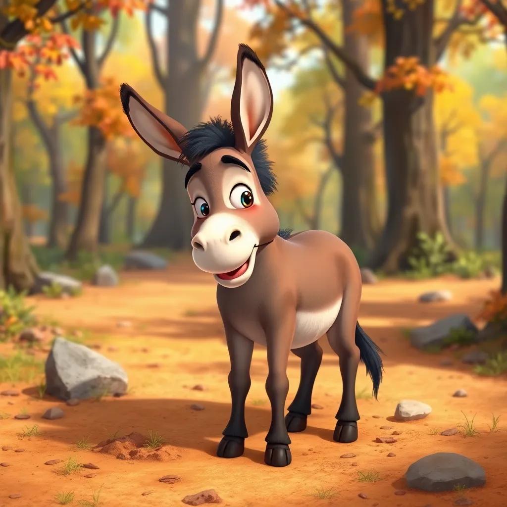 A donkey looking thoughtful with a playful expression, standing in a colorful forest, ground littered with dirt and grass, illustration, warm colors, friendly vibe