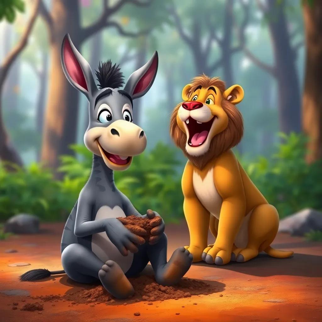 The donkey sitting on the ground with dirt in its hands, smiling and laughing, with the lion looking on amused, vibrant forest background, digital painting, cheerful