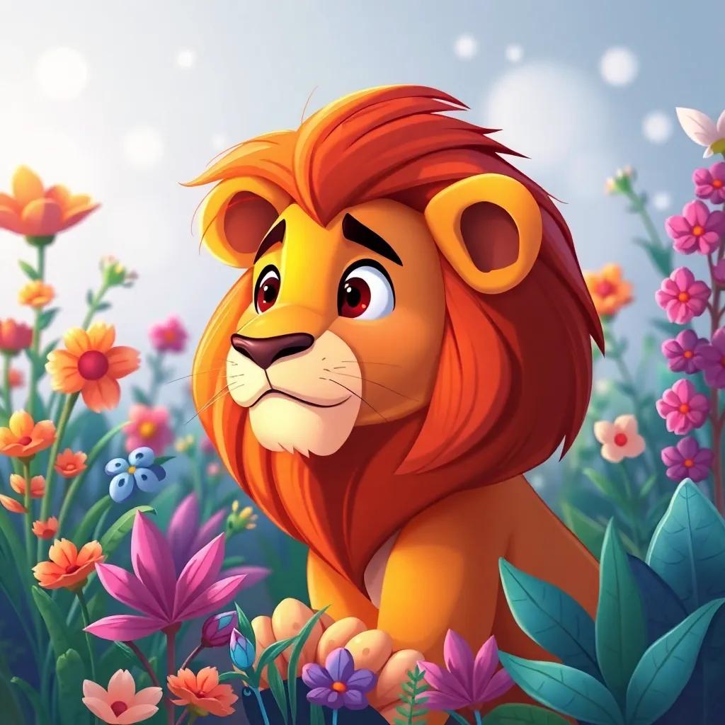 The lion looking thoughtful, staring into the distance, contemplating funny things in life, colorful plants around, whimsical vibe, storybook illustration