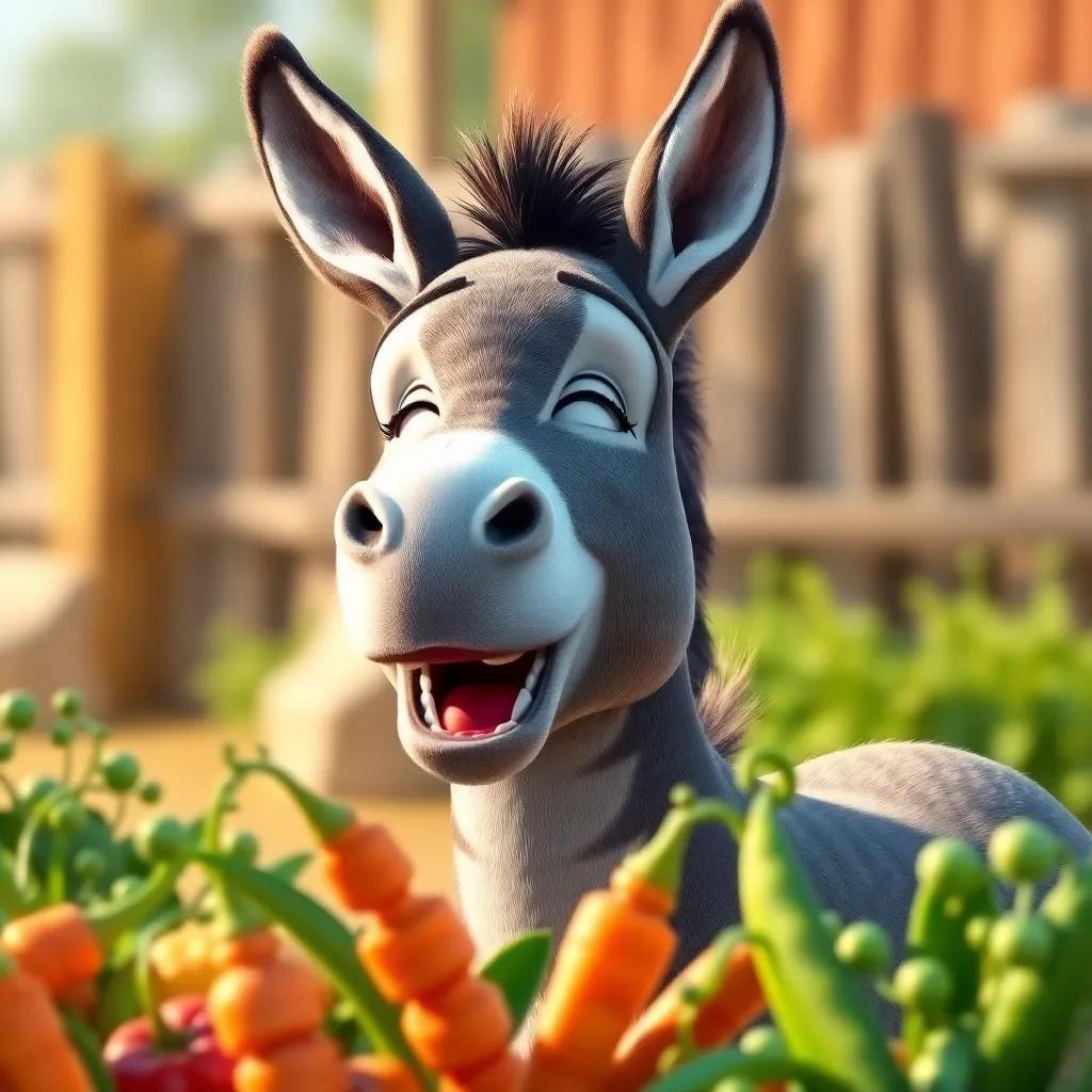 The donkey cheerfully talking, with colorful vegetables in the foreground like carrots and peas, caught in a moment of joy, illustration, bright and inviting colors