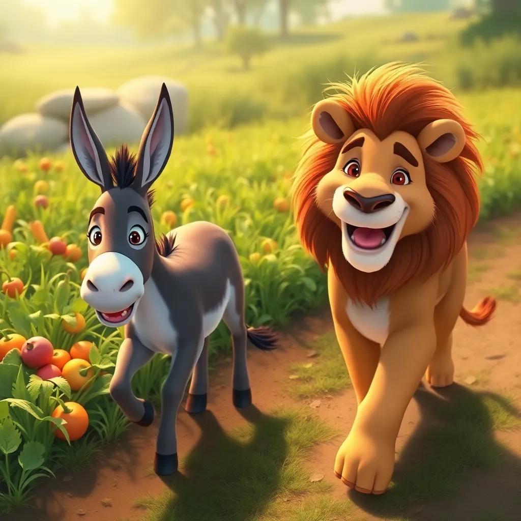 The donkey and lion walking together, happily towards a patch of grass filled with vegetables, under the sunlight, joyful atmosphere, detailed art