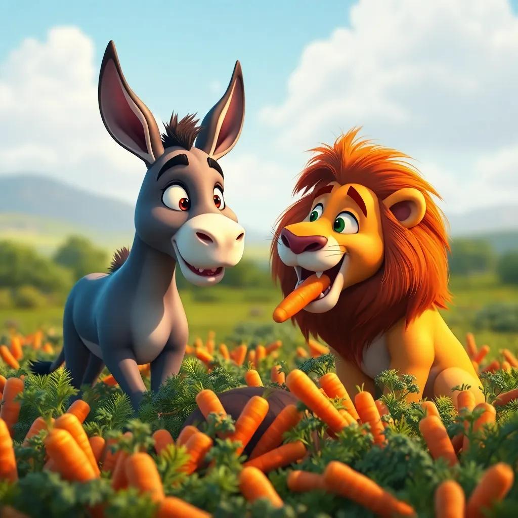 The lion and donkey finding a patch of delicious carrots, both excitedly munching on the food, magical landscape around, vibrant colors, high quality