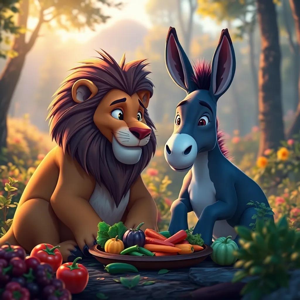 The lion and donkey sitting together enjoying a feast of vegetables, surrounded by the beautiful nature of the forest, warm light, colorful scenery, heartfelt moment