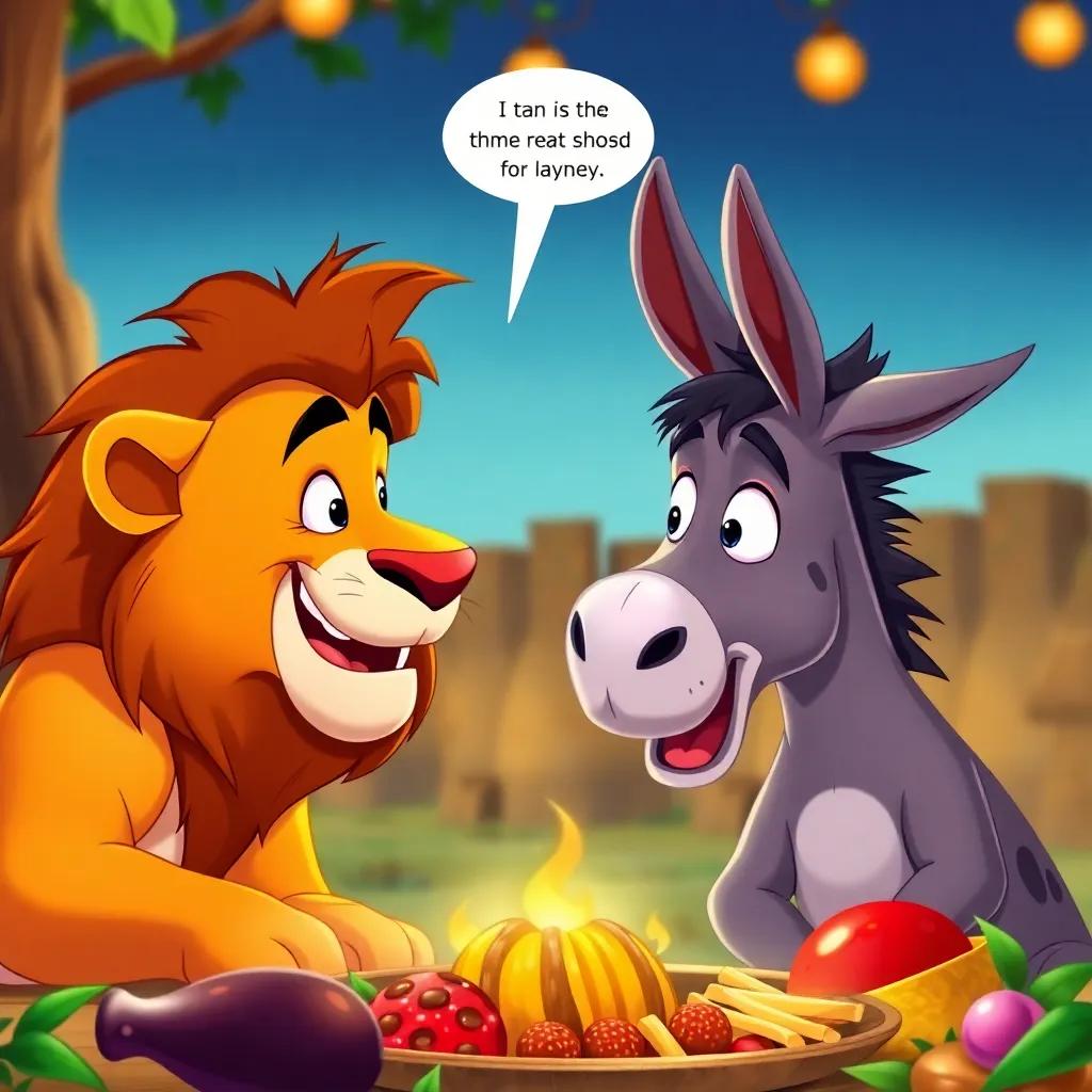The lion playfully looking at the donkey, saying something funny while they both enjoy the feast, cartoonish style, bright and engaging colors, captivating image