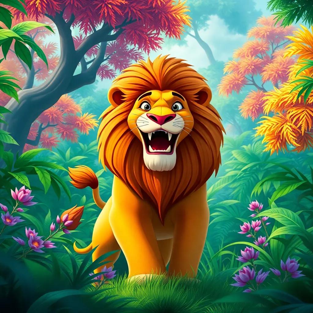 A strong lion in a vibrant green jungle, majestic and powerful, colorful trees around, cartoon style, bright light, vivid colors, cheerful atmosphere, high quality