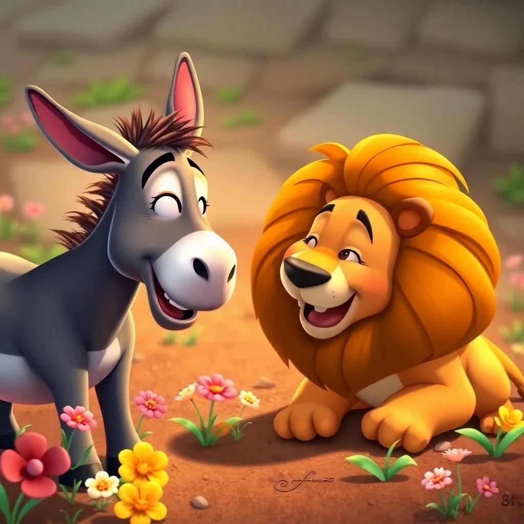A wise donkey, laughing and talking to a lion, surrounded by flowers and patches of dirt, colorful, warm light, friendly and inviting, storytelling view, animation style