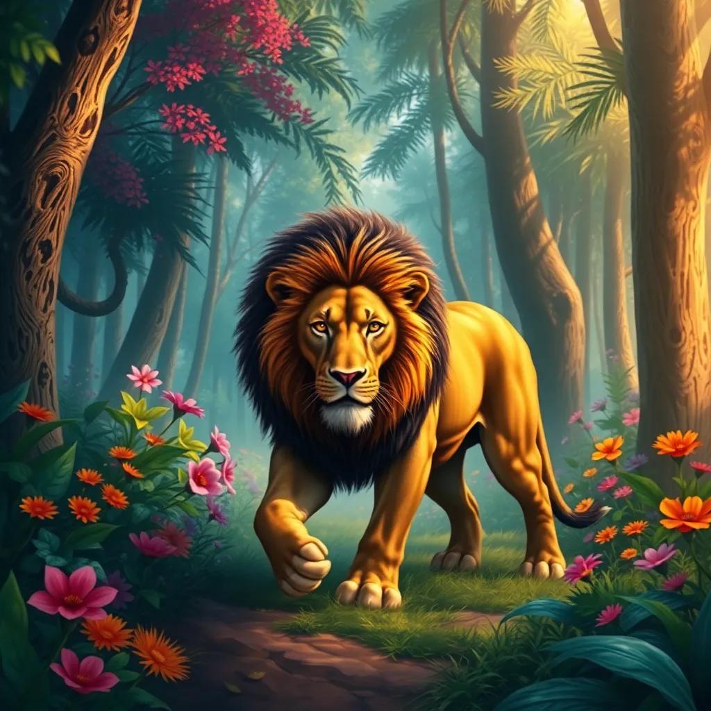 A strong lion named Malik, walking majestically through a vibrant jungle with tall trees and colorful flowers, digital art, bright colors, warm atmosphere, high quality