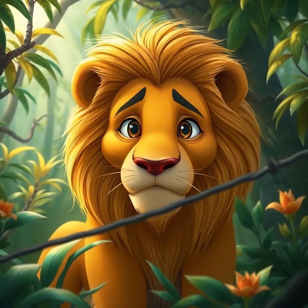 A big lion with golden fur, looking sad in a jungle with trees and plants, caught in a trap, detailed, vibrant colors, emotional atmosphere, child-friendly