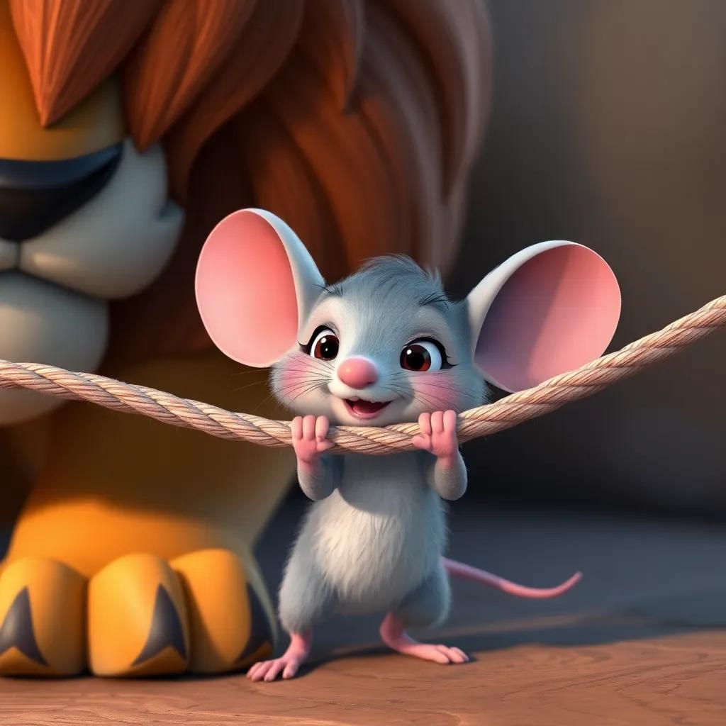 A tiny brave mouse, with a light gray fur and big ears, standing next to a lion, trying to bite through ropes, playful and cheerful, high quality