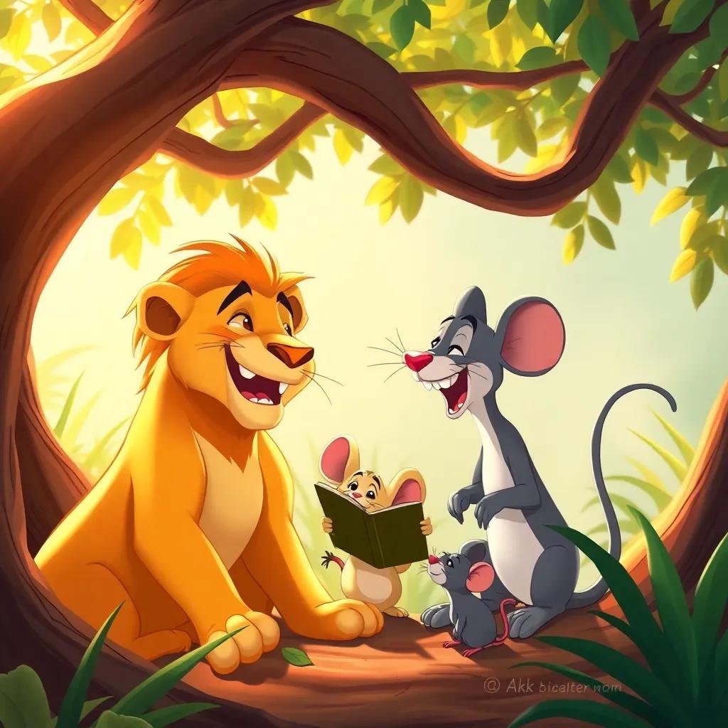 The lion and mouse, laughing together in the jungle, sharing stories under a tree, creating a bond of friendship, warm sunlight, friendly scene, detailed illustration