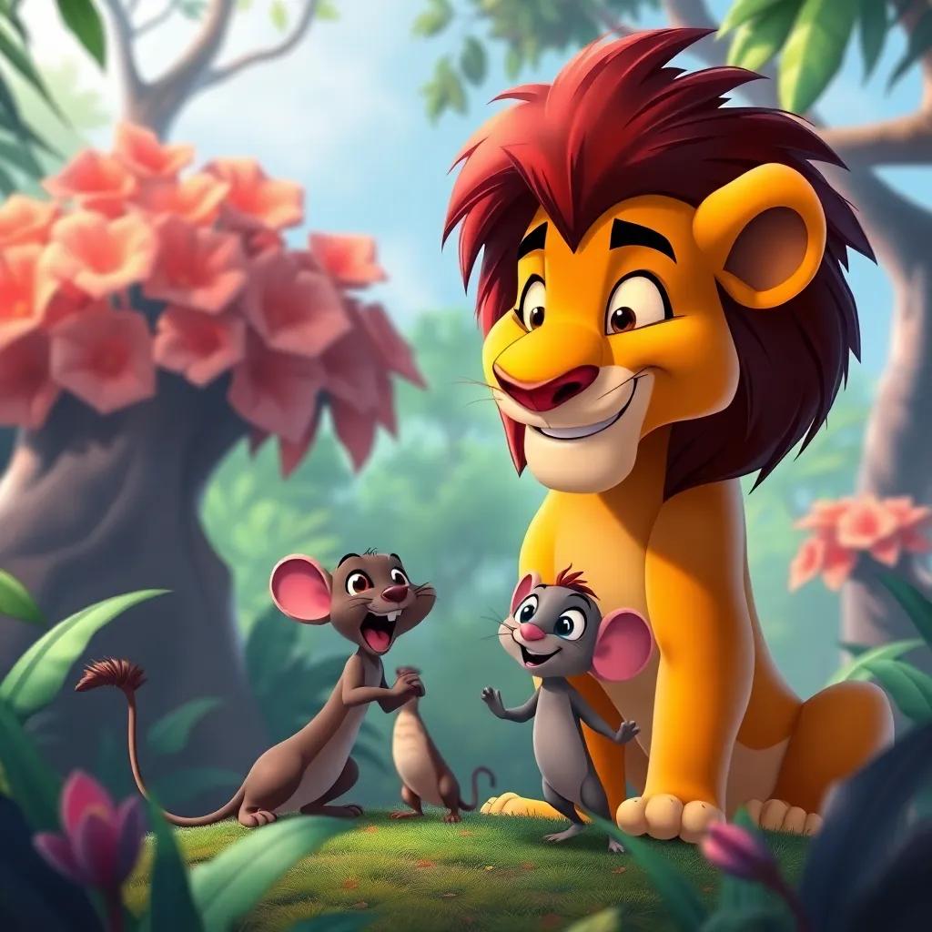 The lion showing the mouse how to be strong with a gentle smile, both happy in a beautiful jungle setting, friendship theme, rich colors, uplifting atmosphere