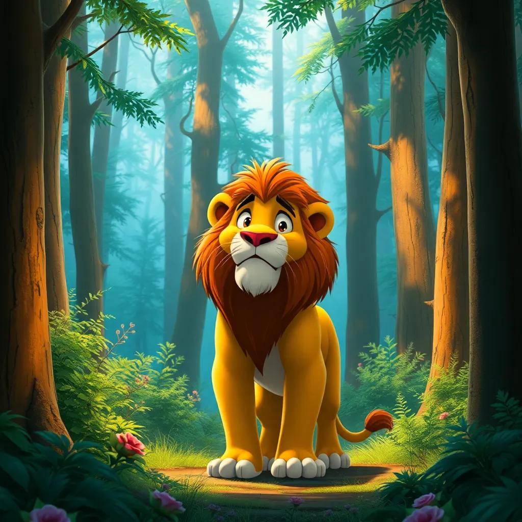 A strong lion standing in the forest, looking confused and lost amidst tall trees and bushes, bright colors, digital art, warm light