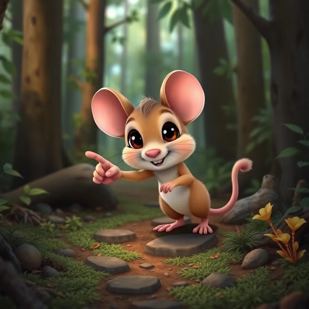 A small mouse pointing with its tiny paw toward a path in the forest, with big eyes full of determination, surrounding trees and plants, cheerful tones
