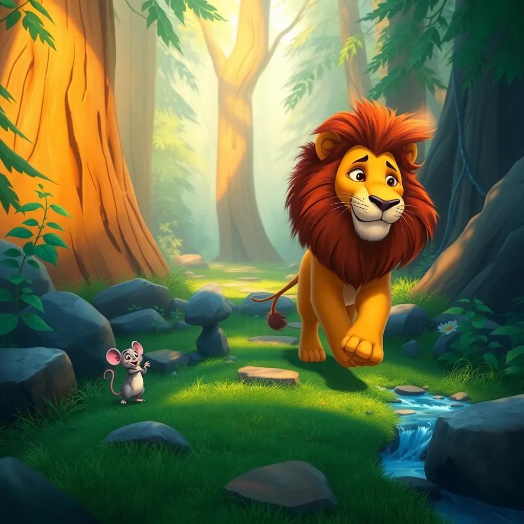 A mouse leading a lion through a challenging forest path, with obstacles like rocks and streams, showing teamwork and friendship, vibrant colors, warm atmosphere