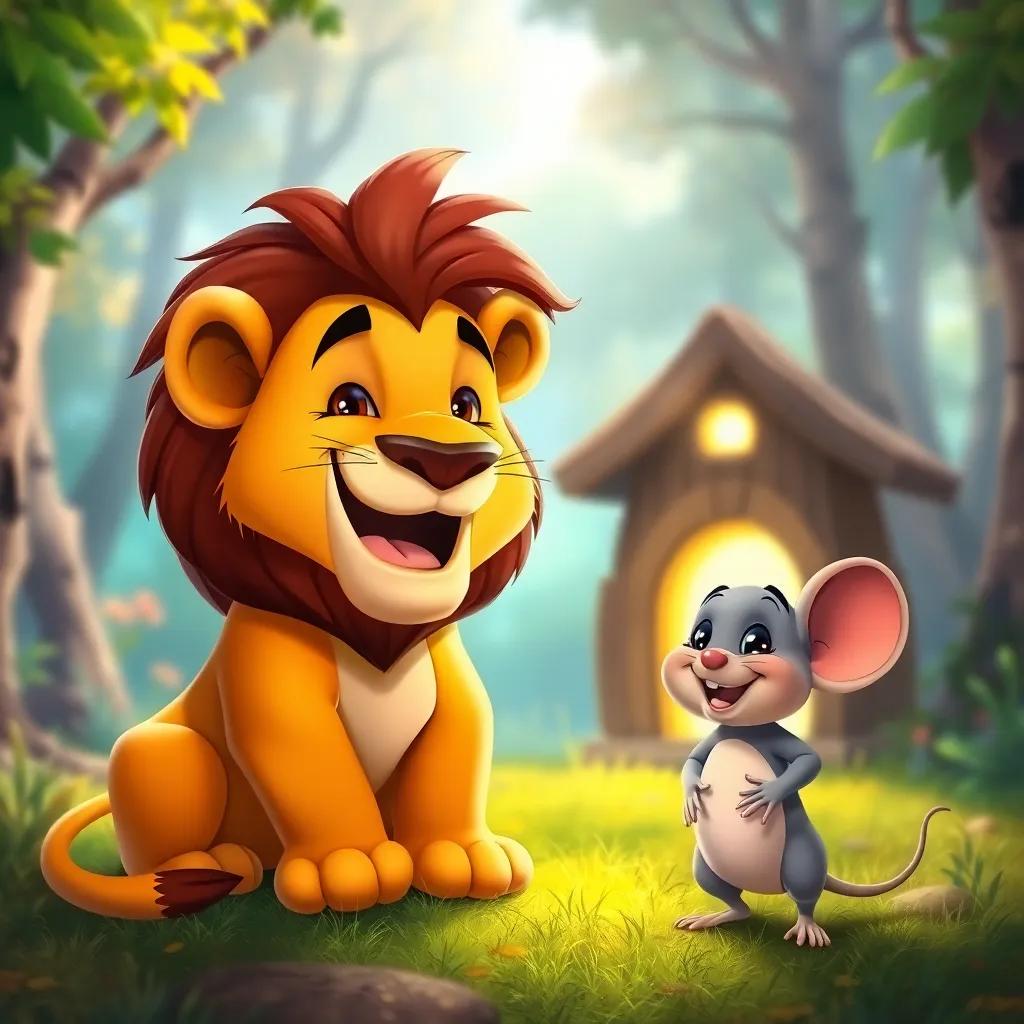 The lion reaching its home, joyful and thankful, while the mouse stands beside with a big smile, colorful background of the forest, vibrant light