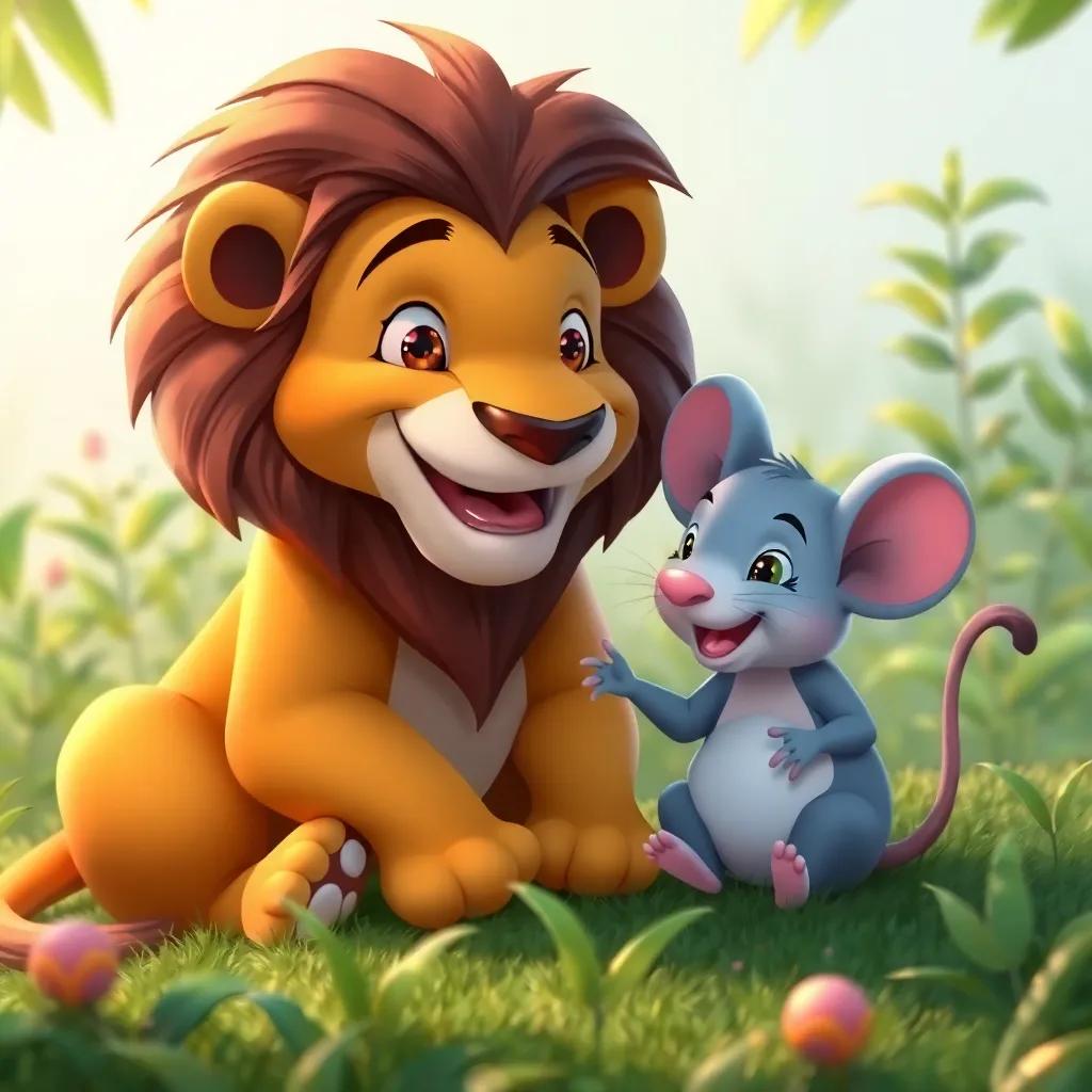 The lion and the mouse sitting together happily, surrounded by lush greenery, symbolizing friendship and unity, soft colors, heartwarming scene