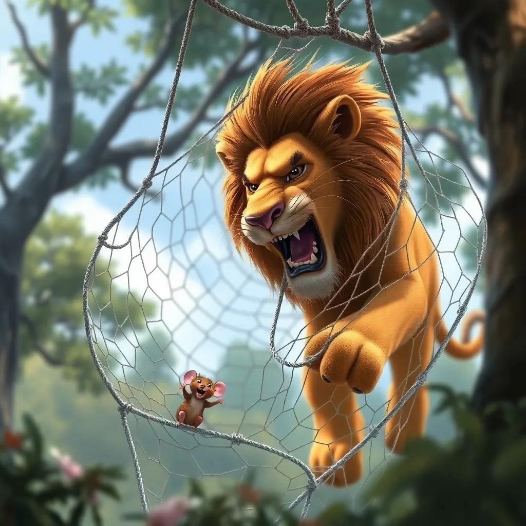 A majestic lion caught in a hunter's net, struggling but determined, with the small brown mouse biting the net, surrounded by trees, bright daylight, heroic scene, heartwarming