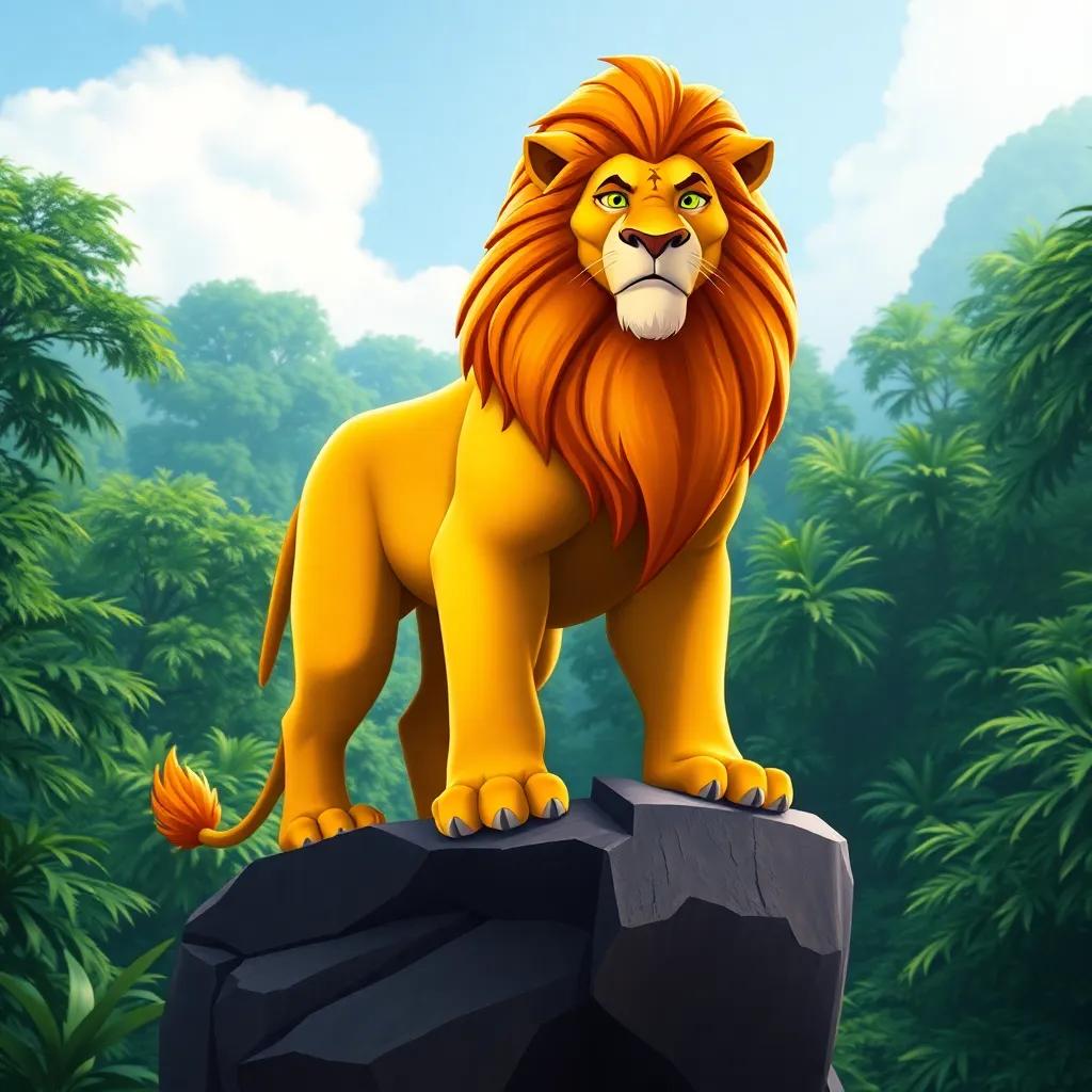 A mighty lion named Osama, strong body, golden fur, proud posture, standing on a rock in a lush green forest, digital art, bright colors, vibrant atmosphere, high quality